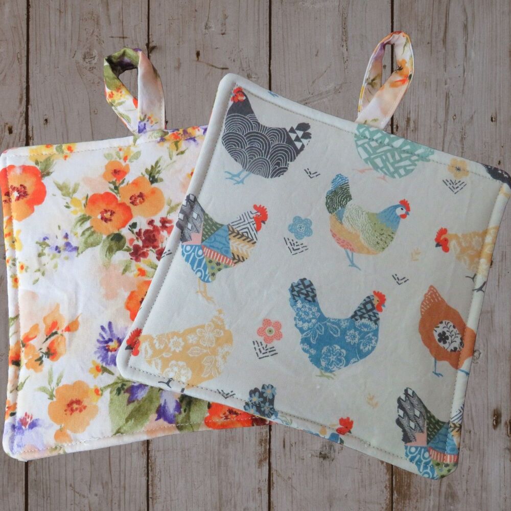 Handmade Potholder, Set of 2, Reversible Chickens and Floral Hot Pads